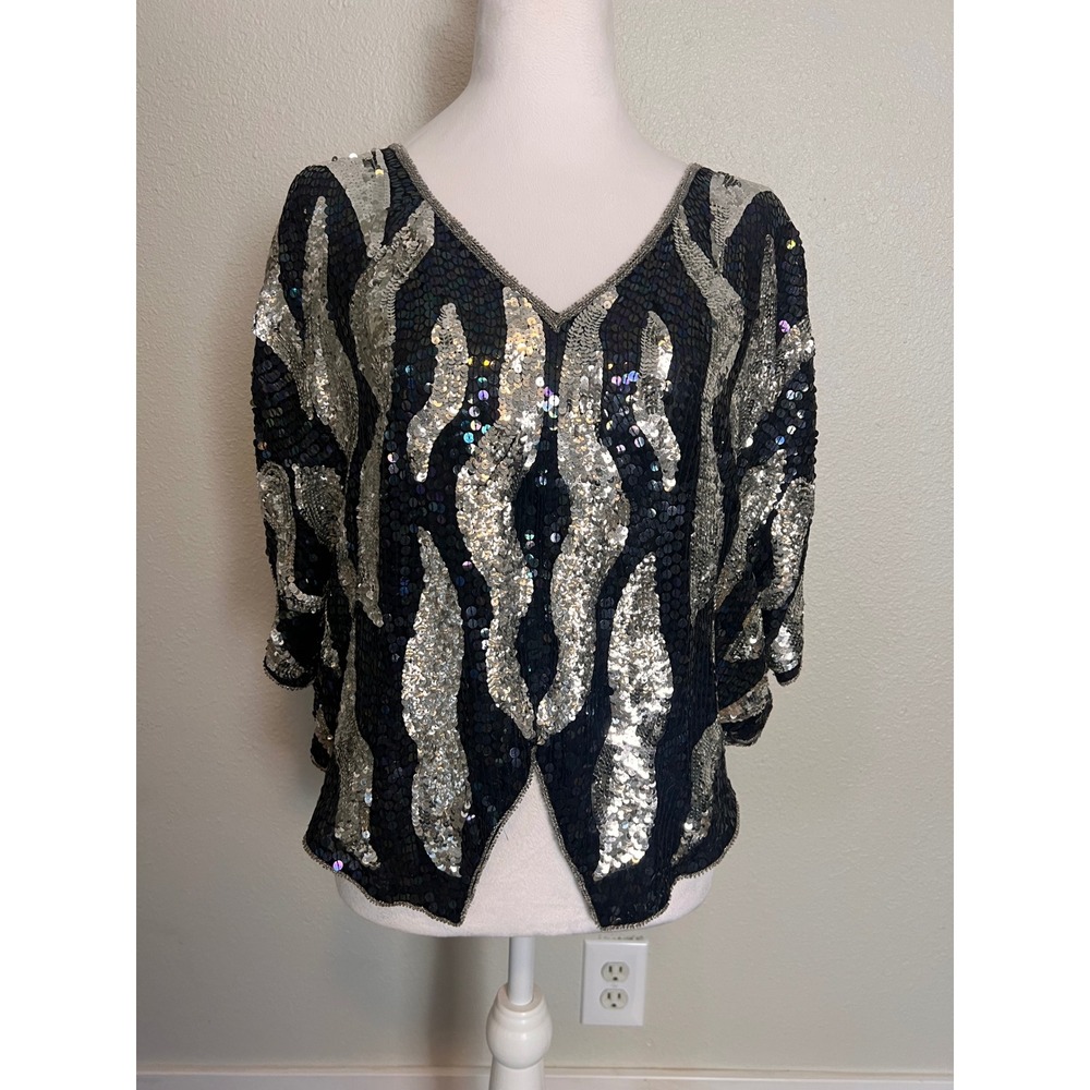 Vintage 80's St. Honore Black‎ Silver Sequin Beaded Silk Blouse Top